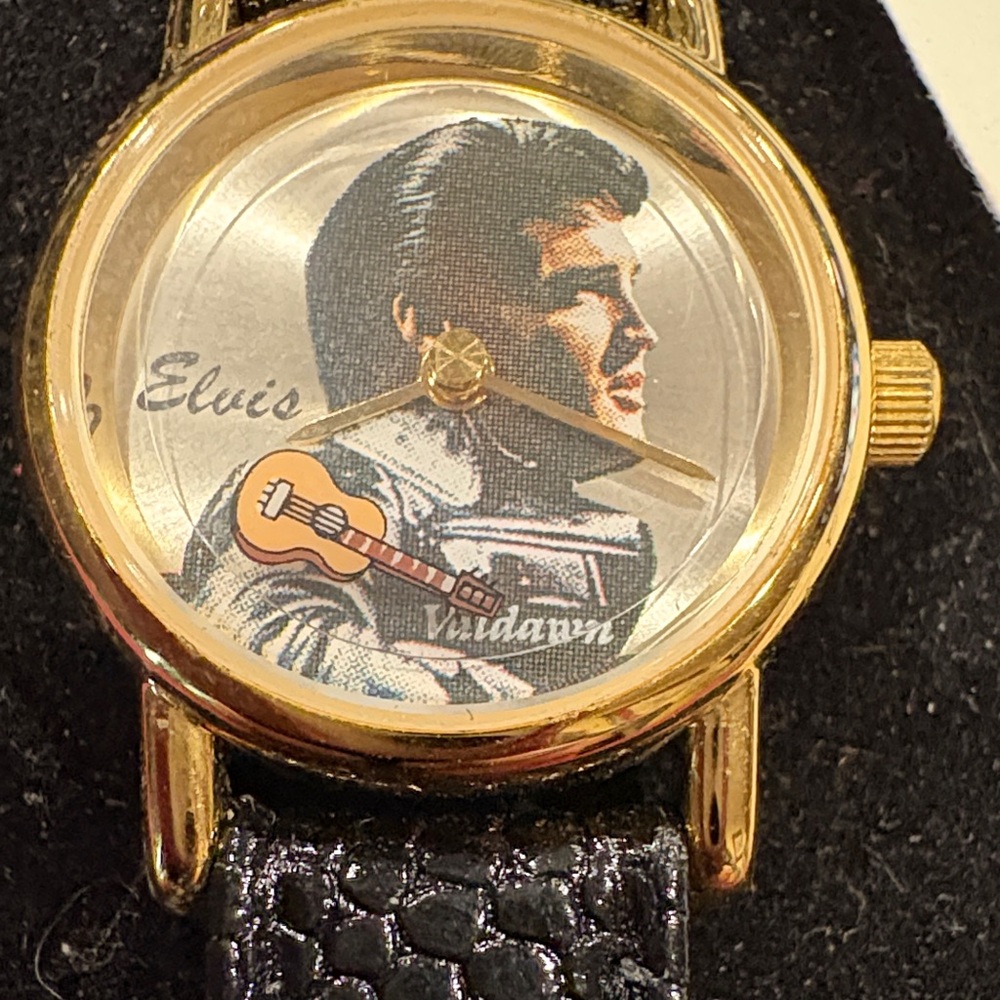 New Gold Elvis Watch with Black Leather Strap by Valdawn 1993